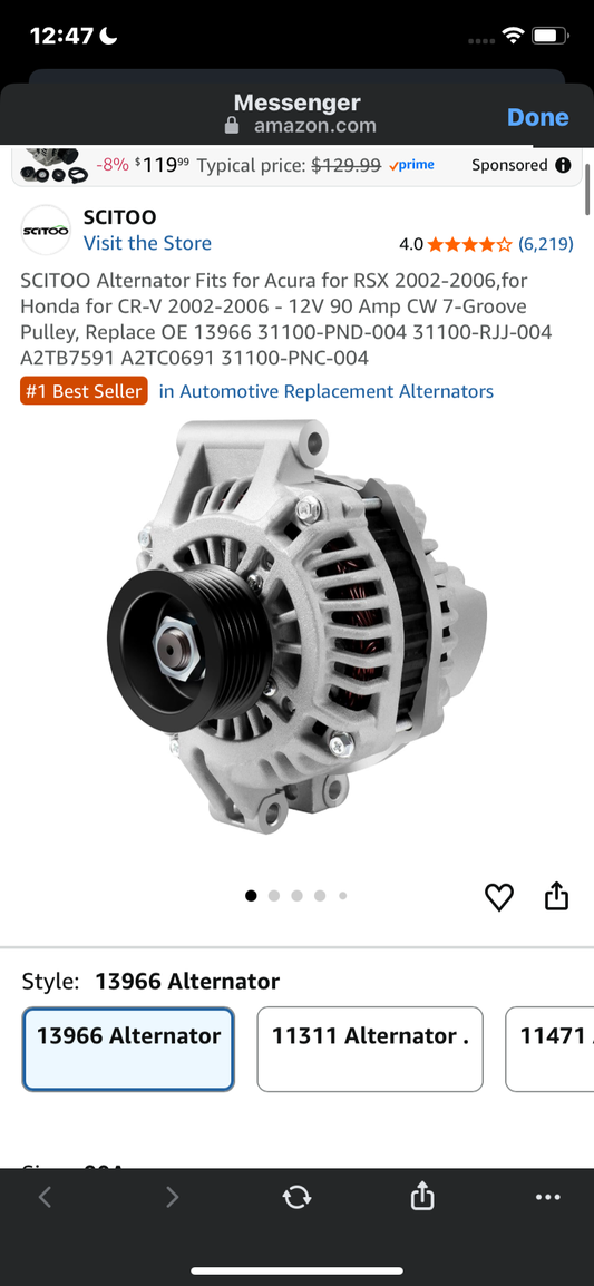 SCITOO Alternator Fits for Acura for RSX 2002-2006,for Honda for CR-V 2002-2006 - 12V 90 Amp CW 7-Groove Pulley, Replace OE 13966 31100-PND-004 31100-RJJ-004 A2TB7591 A2TC0691 31100-PNC-004