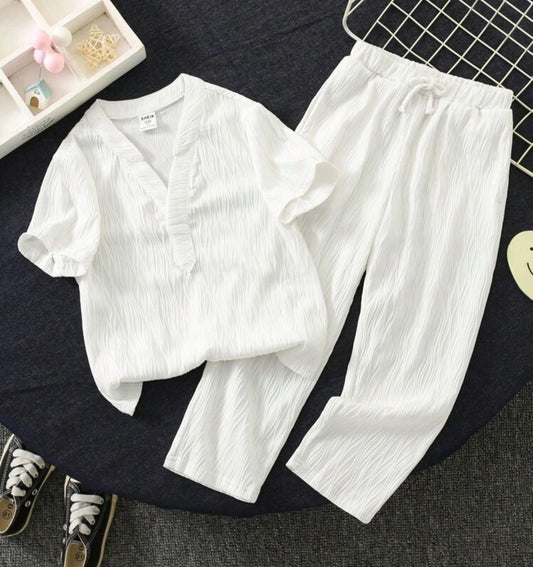 Baby Boy Baby Girl White Knit Soft V-Neck Short Sleeve Cardigan And Casual Pants Set