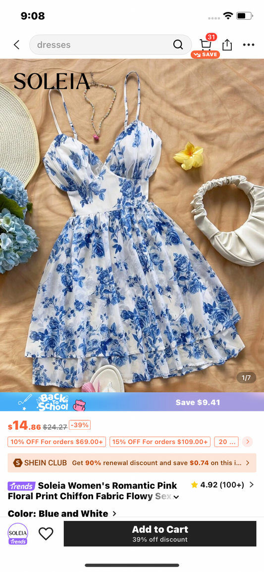 Soleia Women's Romantic Pink Floral Print Chiffon Fabric Flowy Sexy V-Neck Ruched Cutout Back Layered Hem A-Line Mini Dress, Suitable For Party, Date, Valentine's Day, Afternoon Tea Floral Summer Dress Blue Floral Dress