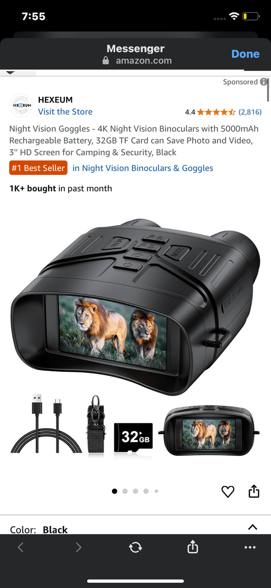 Night Vision Goggles - 4K Night Vision Binoculars with 5000mAh Rechargeable Battery, 32GB TF Card can Save Photo and Video, 3'' HD Screen for Camping & Security, Black