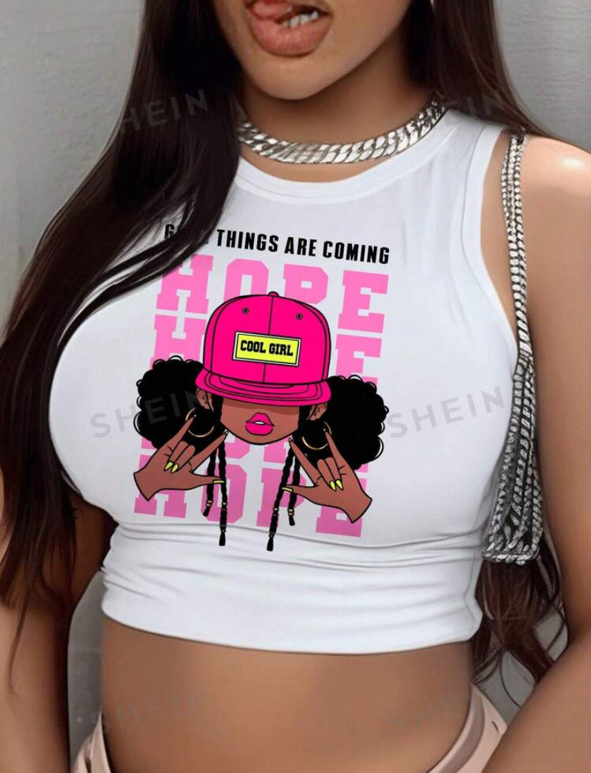 Pink Streetwear Cool Cartoon Character & Slogan Graphic Cropped Fitted Women Casual Tank Top, Suitable For Summer