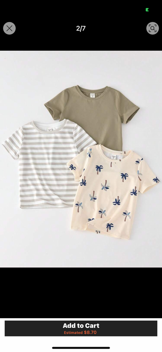 3pcs/Set Kids Boys Casual Everyday Vacation Versatile Comfortable Solid, Striped, & Coconut Tree Print Crew Neck Loose Fit Short Sleeve Knit T-Shirt 3 Assorted Styles, Suitable For School, Garden, Beach, Birthday, Spring, Summer, Fall, Winter