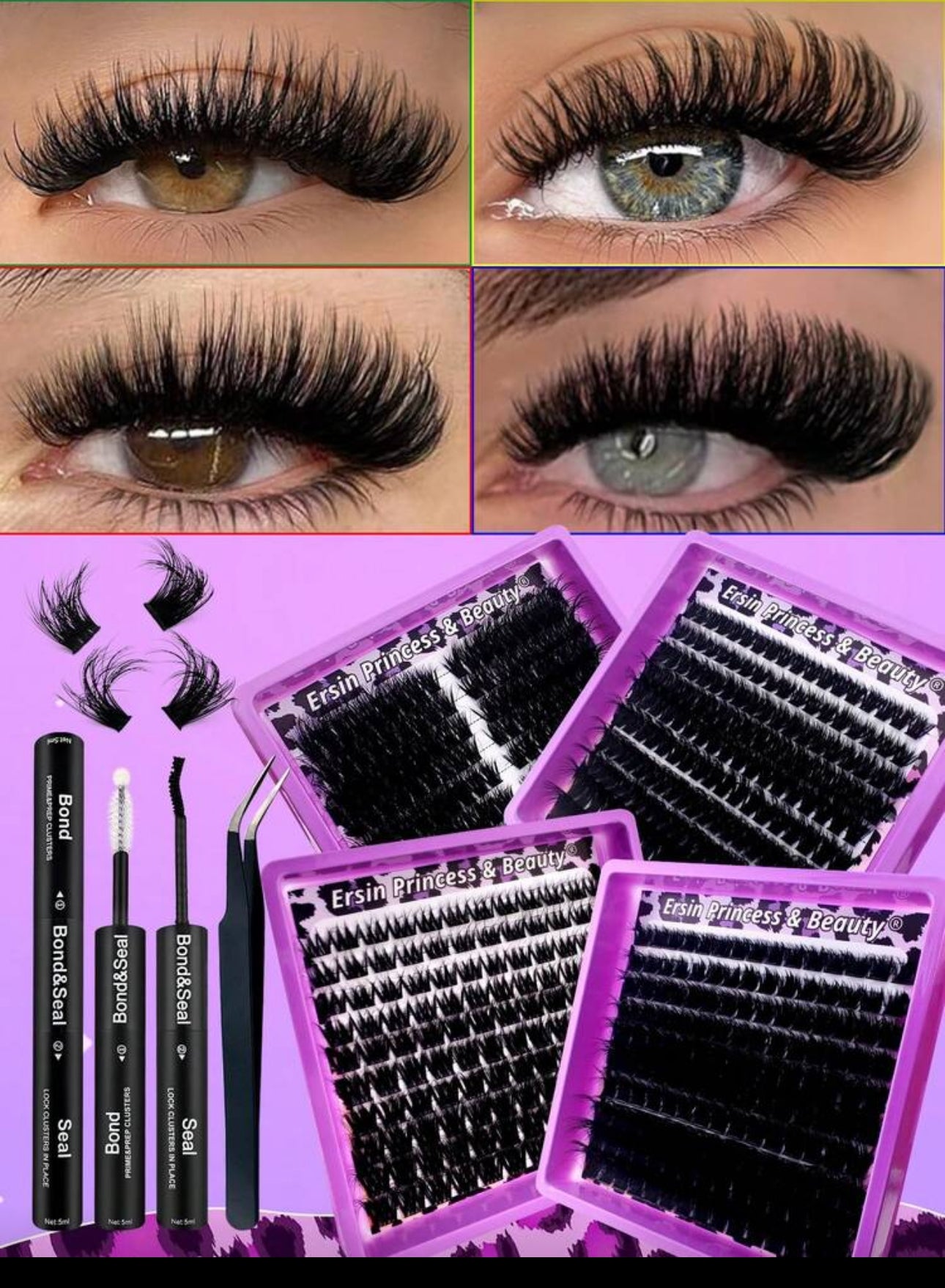 638 Pcs 4 Styles Mixed Fluffy DIY Lash Extension Kit 8-16mm Mixed Length Fluffy Individual Lashes Cluster Segmented Spikes D Curl Eyelash Extension Kit With Lash Bond And Seal And Lash Applicator Tool For Self Application At Home