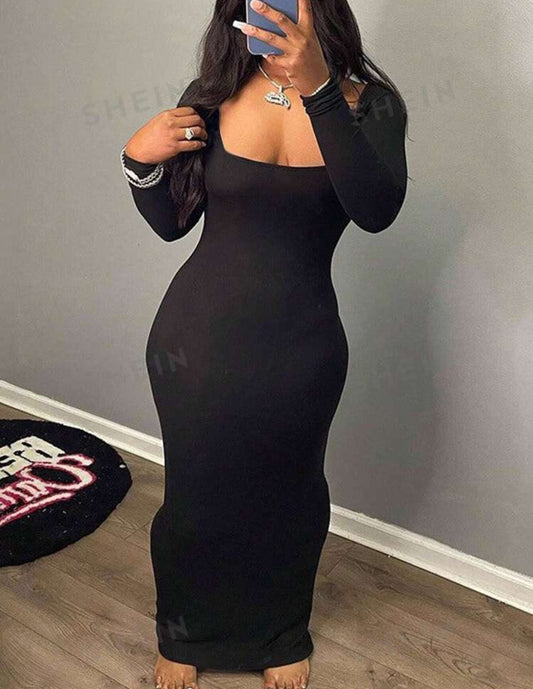 Slayr Plus Size Women's Solid Color Simple Daily Long Sleeve Dress