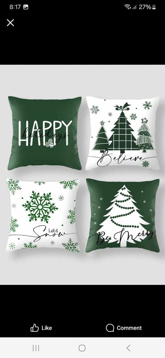 4pcs Red & White Pine Tree "HAPPY" Decorative Throw Pillow Covers, Multiple Sizes Square Cushion Covers Digital Print Minimalist Design For Sofa, Office, Home Decor, Car Gifts, Bed Back Cushion