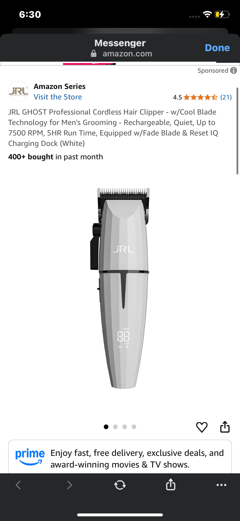 JRL GHOST Professional Cordless Hair Clipper - w/Cool Blade Technology for Men's Grooming - Rechargeable, Quiet, Up to 7500 RPM, 5HR Run Time, Equipped w/Fade Blade & Reset IQ Charging Dock (White)