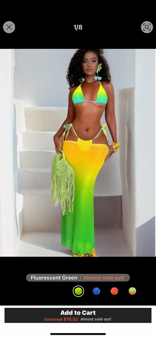 3pcs Women's Sexy Beachwear Swimwear Bright Ombrem Solid Color Sexy Halter Bikini Swimwear Set Long Sarong Dress Beachwear For Holidays,Easter,Holiday Outfits,Going Out Tops,Date Night Outfits Women,All Women Clothes,Fall Clothes