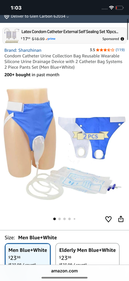 Condom Catheter Urine Collection Bag Reusable Wearable Silicone Urine Drainage Device with 2 Catheter Bag Systems 2 Piece Pants Set (Men Blue+White)