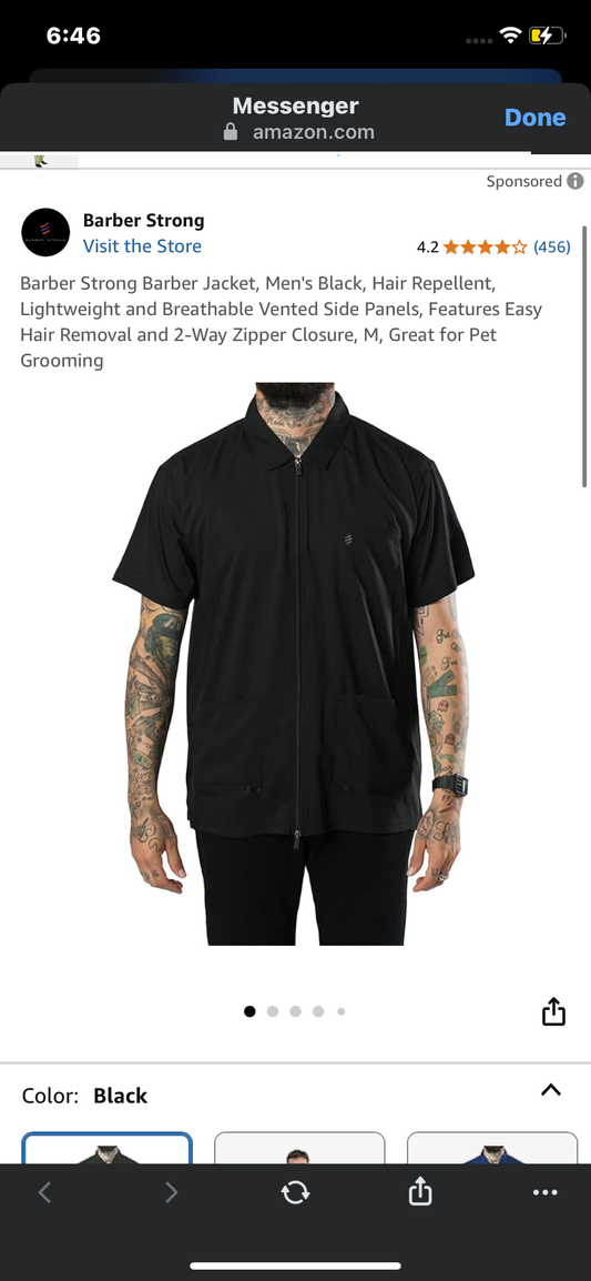 Barber Strong Barber Jacket, Men's Black, Hair Repellent, Lightweight and Breathable Vented Side Panels, Features Easy Hair Removal and 2-Way Zipper Closure, M, Great for Pet Grooming
