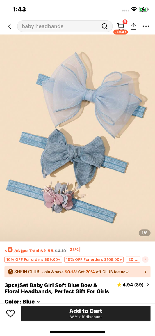 3pcs/Set Baby Girl Soft Blue Bow & Floral Headbands, Perfect Gift For Girls