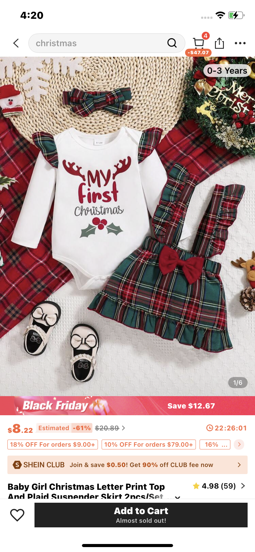 Baby Girl Christmas Letter Print Top And Plaid Suspender Skirt 2pcs/Set, Autumn/Winter
