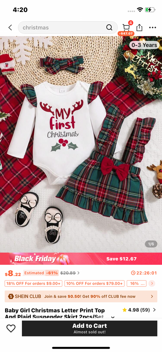 Baby Girl Christmas Letter Print Top And Plaid Suspender Skirt 2pcs/Set, Autumn/Winter