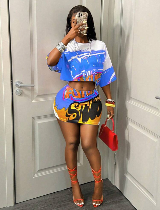 BamGleam Summer New Hip Hop Street Design Racing Style Sports Abstract Print T-Shirt + Low Waist Fitted Mini Skirt 2PC Set For Women