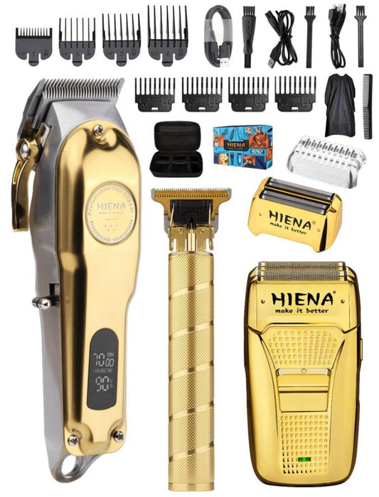 HIENA HIENA Three Pieces Combination Hair Clipper Set For Men's T9 Blade Dual Net Shaver Cordless Hair Clipper Gold Men's Exclusive Hair Clipper Tool Precision Gift Box Packaging, For His Best Partner (Including Single And Two-Piece Products)