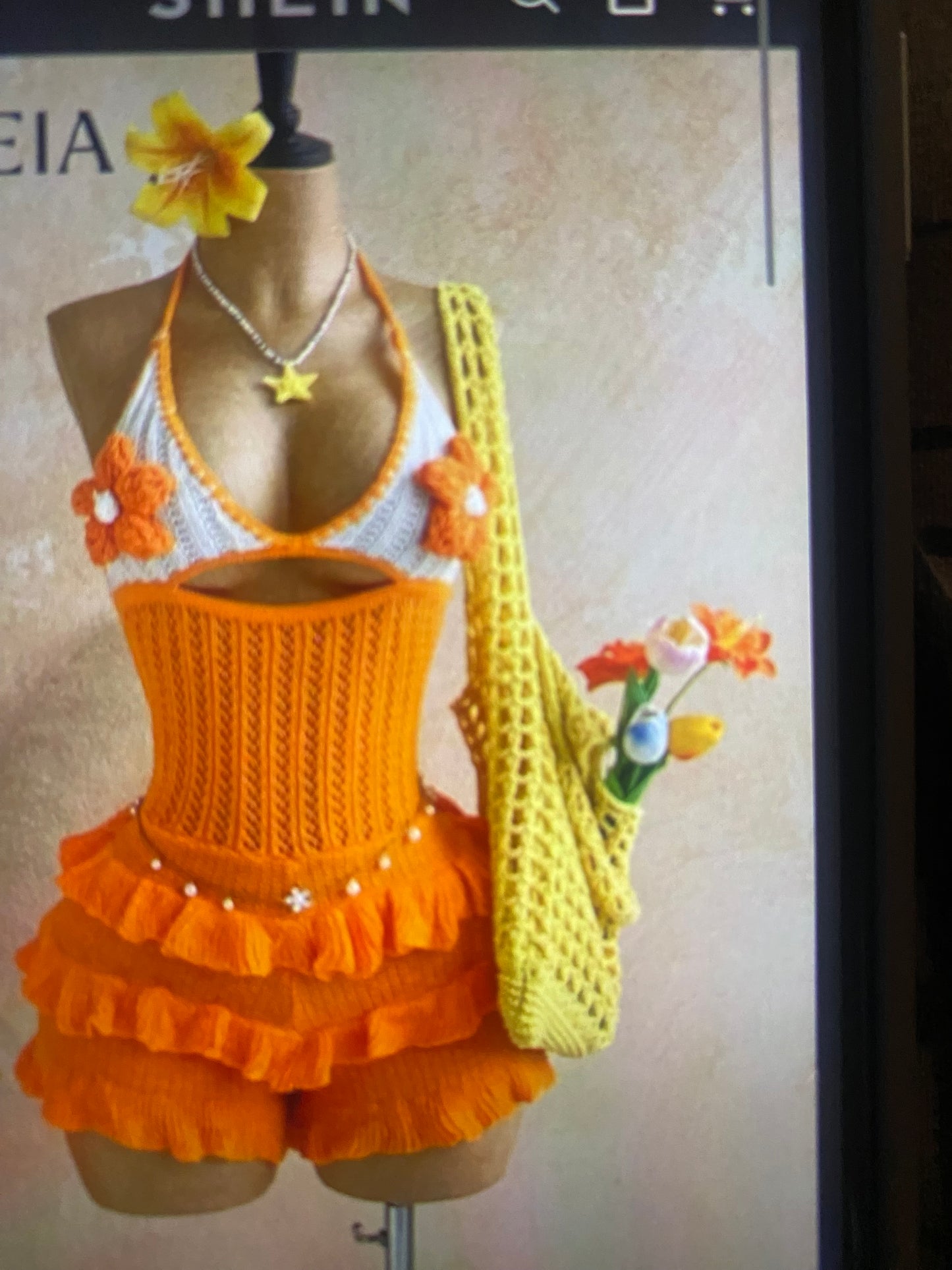 Soleia Women's Summer Boho Crochet Jumpsuit,Vibrant Orange And White Floral Decor Ruffle Hem,Suitable For Beach Holiday,Music Festival,Cruise,Island Outfit bz