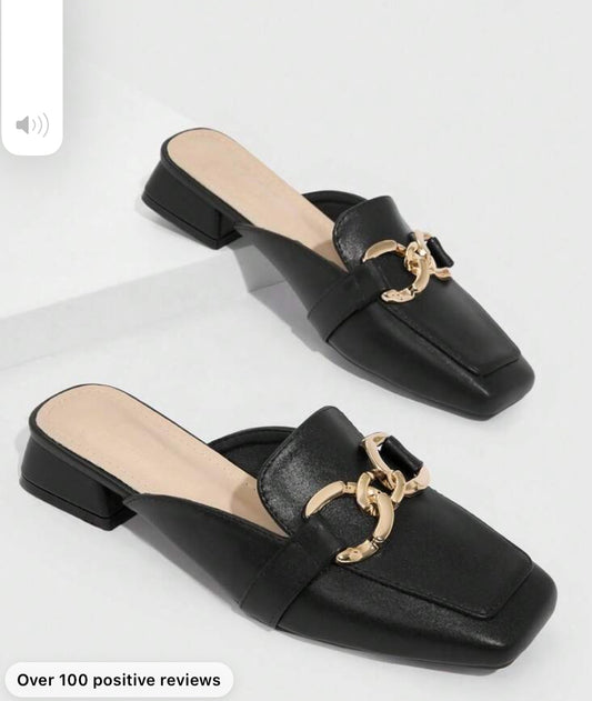 CUCCOO BIZCHIC Woman Metal Decor Square Toe Flats, Elegant Black Mule Shoes For Summer Vacation Shoes Summer Sale Back To School Shoes College Student Shoes Elegant Basics Business Casual Business Chic Halloween