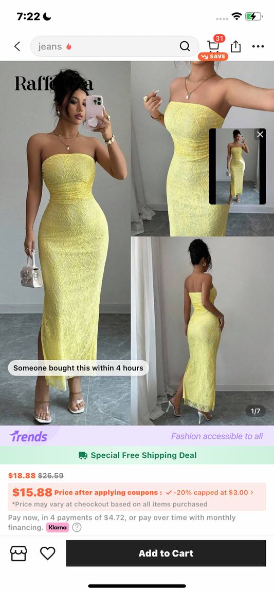 Rafferiza Women's Tight Lace Bodycon Strapless Slit Hem Yellow Mini Dress