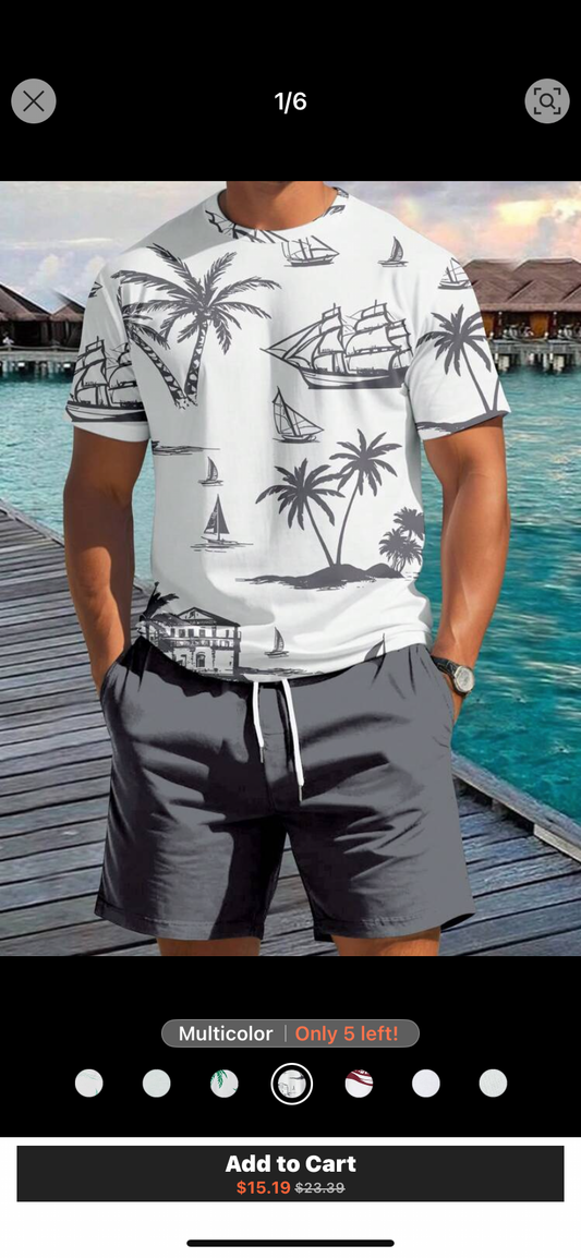 Manfinity RSRT 2pcs Men Palm Tree Print Round Neck Short Sleeve Casual T-Shirt And Drawstring Waist Shorts Set Beach Vacation Outfits Men Men Vacation Outfits
