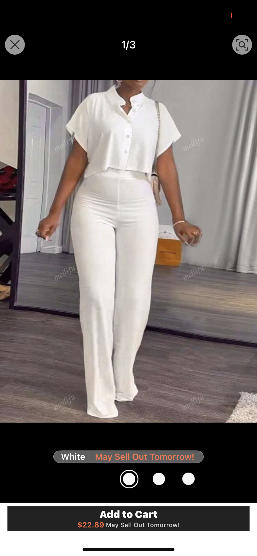 Women's Summer Solid Color Stand Collar Short Sleeve Shirt + Elegant White Wide-Leg Pants 2 Pieces Set