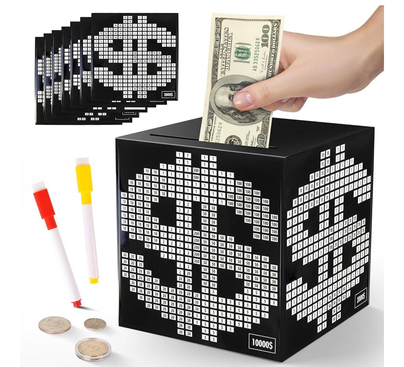Primo Lines Pink Piggy Bank for Girl,10000 Savings Challenge Box, Money Saving Box 10,000 with Counter for Savings Goal $3000 $5000, Metal Cash Box with Money Target, Kakeibo Money Box 4.72in