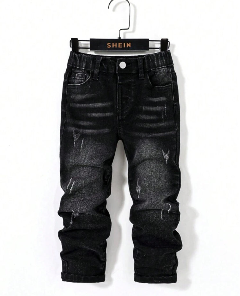 SHEIN Young Boy Black Comfortable And Refreshing Dark Wash Cut Out Ripped Frayed Design Elasticity Denim Skinny Pants For Dailywear And Back To School Clothes