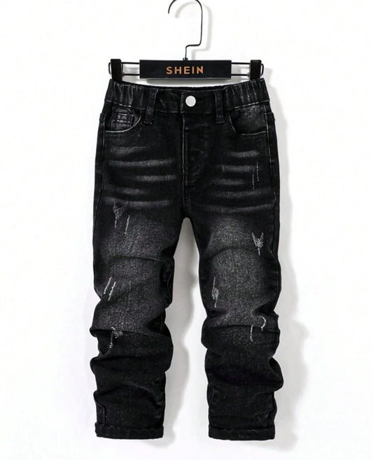 SHEIN Young Boy Black Comfortable And Refreshing Dark Wash Cut Out Ripped Frayed Design Elasticity Denim Skinny Pants For Dailywear And Back To School Clothes