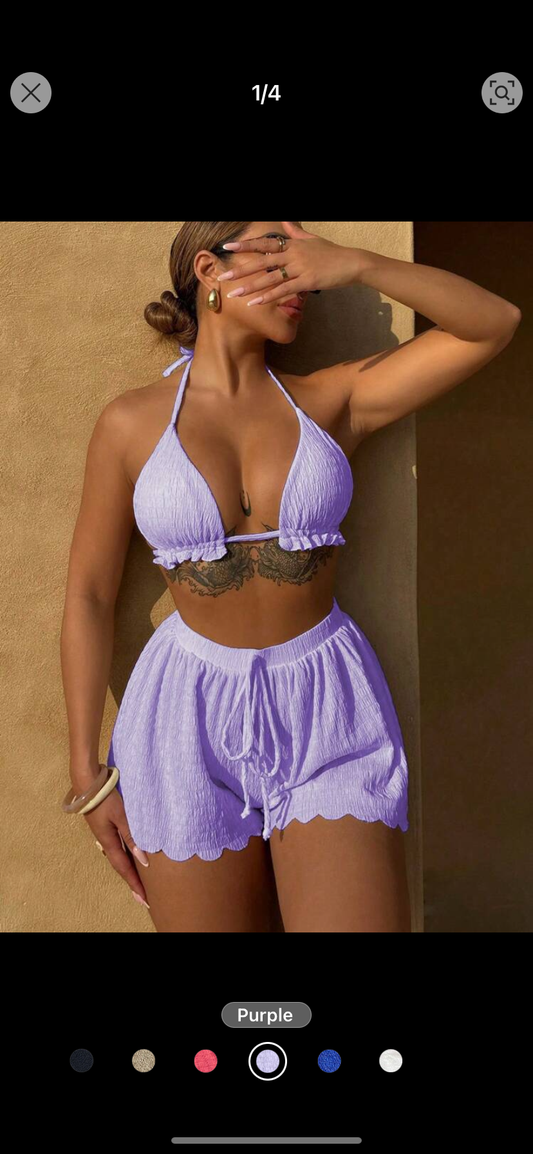 SHEIN Swim Women Summer Beach Solid Ruffle Trim Halter Neck Simple And Stylish Bikini Set With Shorts, 3-Piece Swimwear