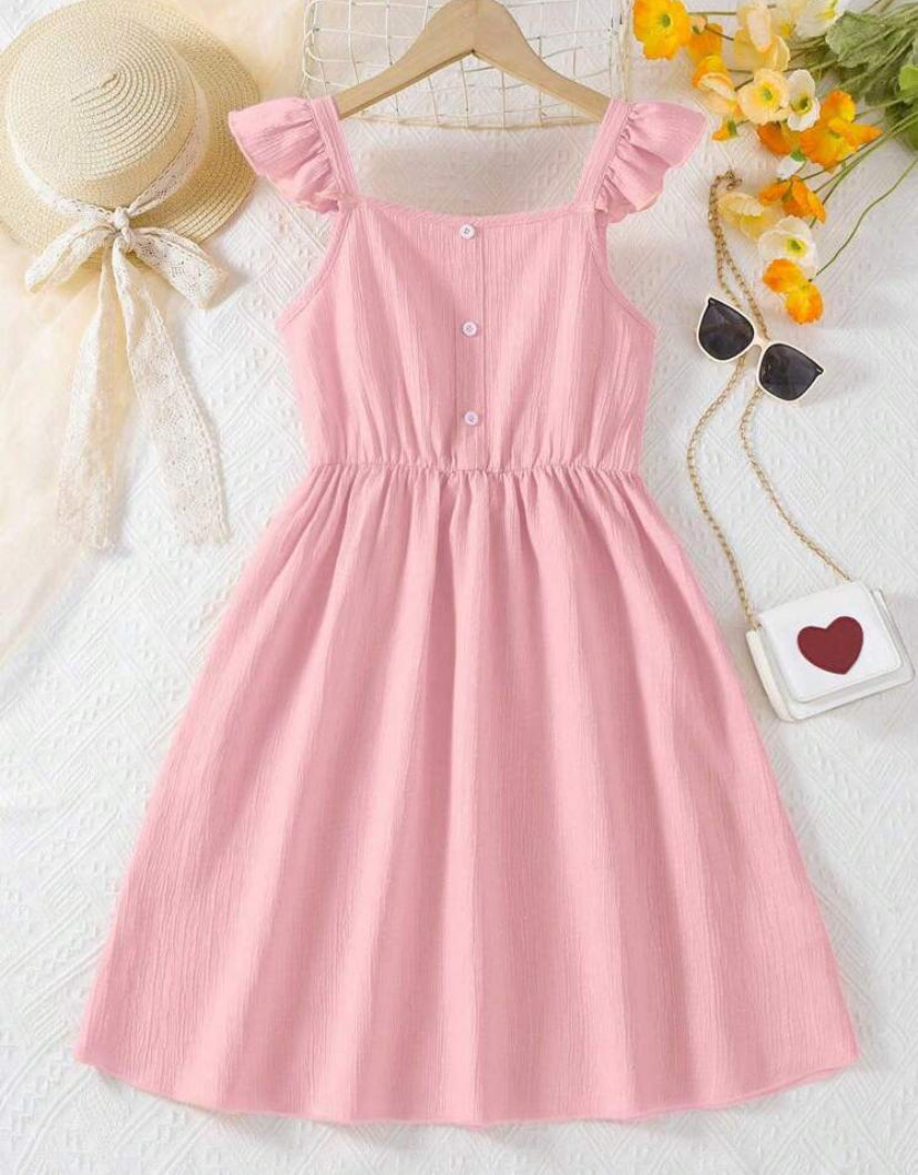 Girls' Sleeveless Square Neck A-Line Dress With Elastic Waist, Casual Solid Color Midi Dress, Summer Kids' Clothes