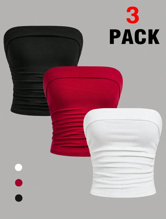 3pcs/Set Teen Girls Ribbed Knit Crop Top With Ruched Waist, Black, White, Red, Casual Layering For Valentine's Day, Buy 1 Get 2 Free