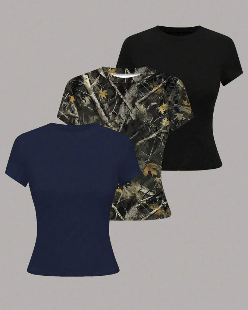 SHEIN Lunessa Women Round Neck Short Sleeve Casual Versatile T-Shirt