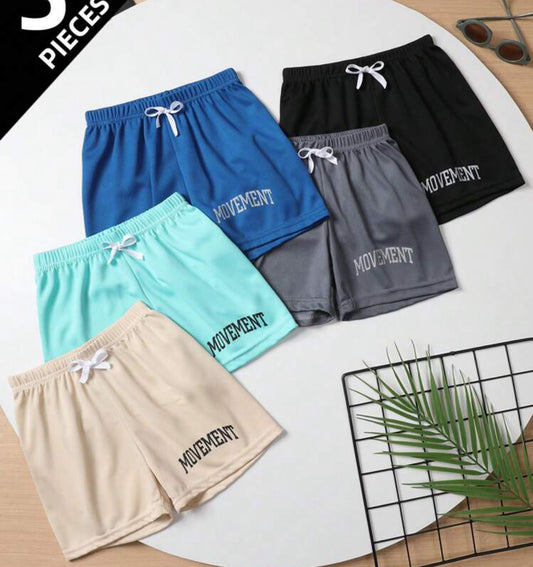 5pcs Boys' Sports Shorts Set, Moisture Wicking Outdoor Running Shorts With English Graphic, Breathable Mesh, Loose Fit For Ages 4-12