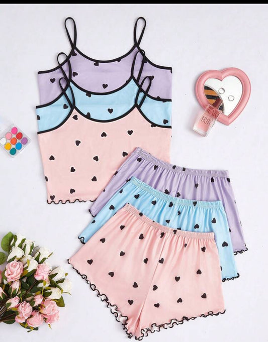 3pcs Women's Heart Printed Camisole & Shorts Pajama Set
