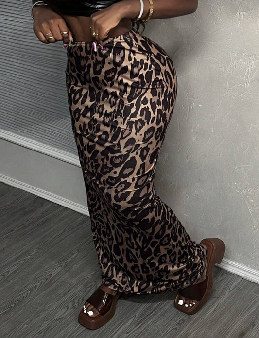 Slaydiva Elegant Beach Vacation Leopard Print Elastic Knit Women's Mermaid Skirt, Bodycon Style With Elastic Waistband