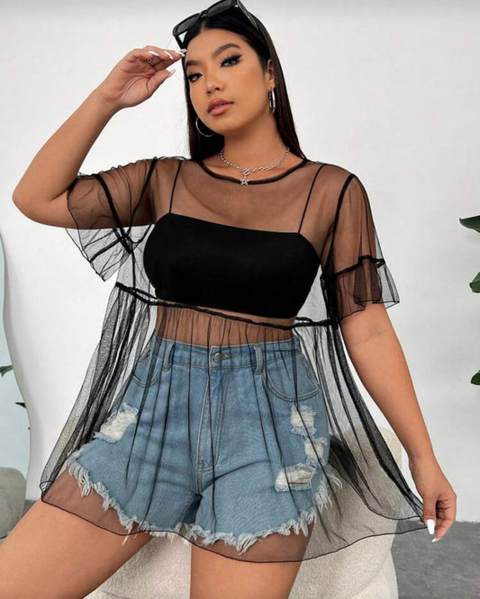 SHEIN EZwear Plus Size Women's Summer Black Sheer Mesh Knit Elastic Top, A-Line Ruffled Hem Casual All-Match Plus Size Short Sleeve Solid Blouse
