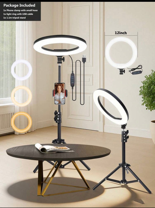 12-Inch LED Selfie Ring Light | Live Streaming Lighting | Multi-Functional LED Ring Light, With Segmented Telescopic Tripod, 3 Color Modes & Button Brightness Adjustment,  Suitable For Mobile Phone LED Lighting, Makeup And Video Shooting. Suitable For Pho