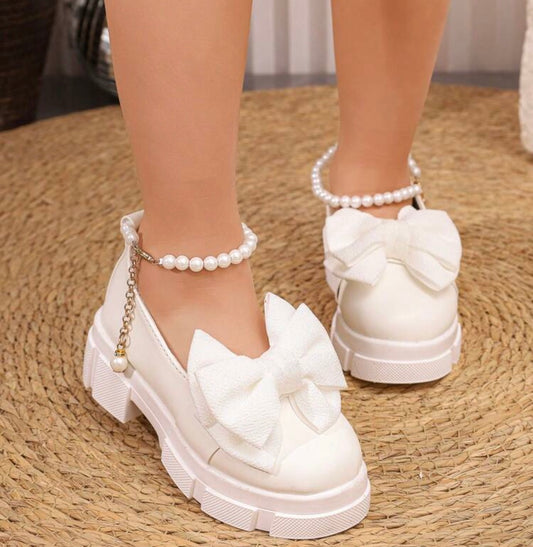 1 Pair Girls' Minimalist Fashion French Mary Jane Shoes, White Bow Classic Versatile Non-Slip Girls' Leather Shoes, Girls' Shoes, Suitable For Daily Wear And Outdoor Activities