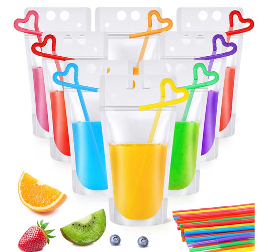 Nuenen 600 Pack Drink Pouches with Straws Plastic Juice Bags for Adults Disposable Drinking Bags Stand up Zipper Pouches for Smoothie Juice Coffee Tea Birthday Party(Classic)