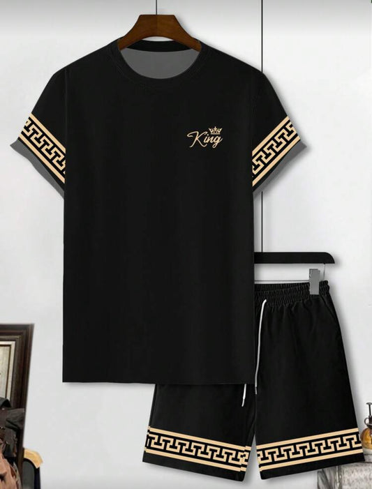 Manfinity LEGND Men's Letter Print Round Neck Short Sleeve Casual T-Shirt And Drawstring Waist Shorts Set