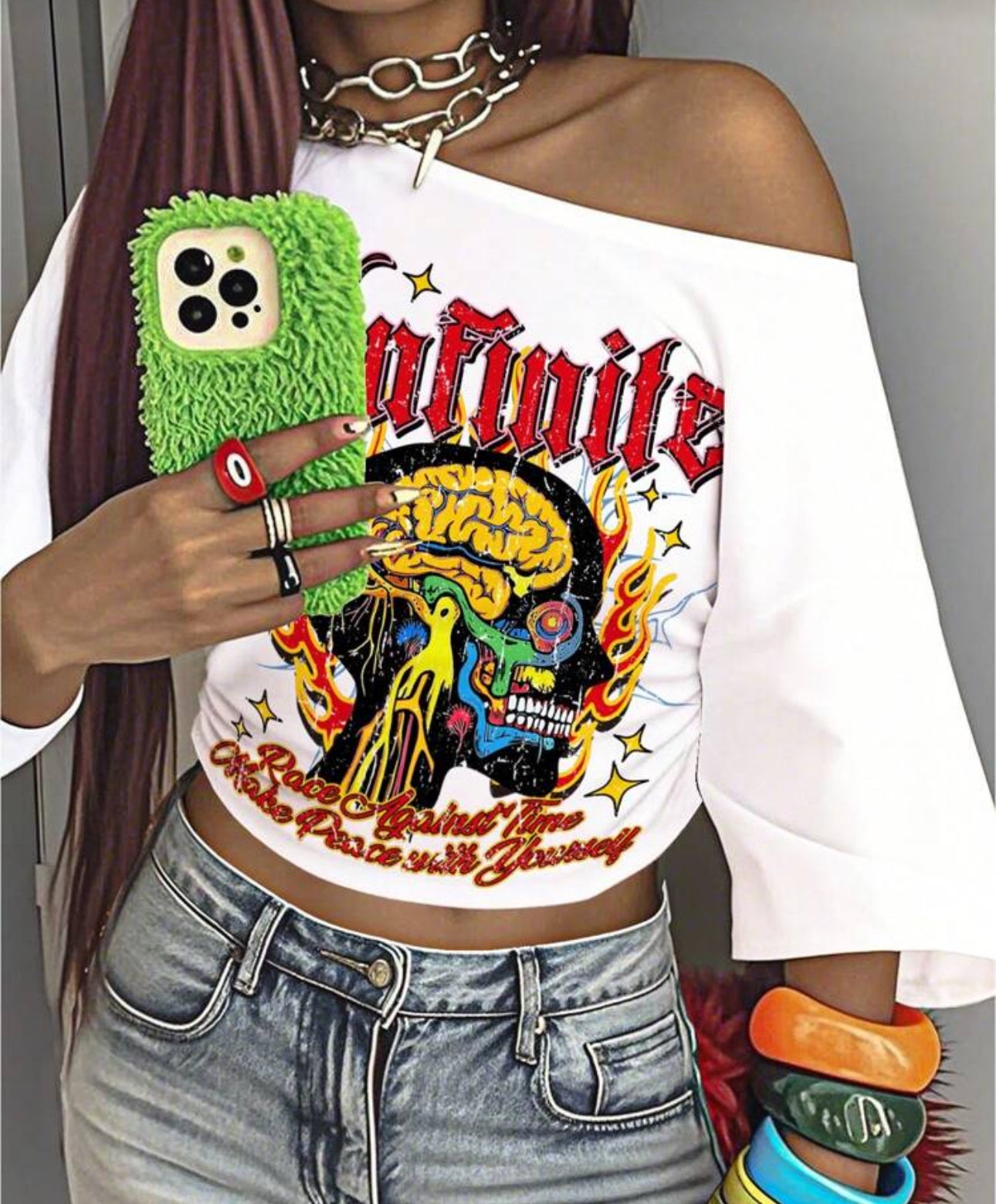 Slaydiva 2025 Spring&Summer Streetwear Y2K Style Graffiti Portrait Pattern Off-Shoulder Loose Fit Short Sleeve T-Shirt For Women Off The Shoulder Top Fall Clothes