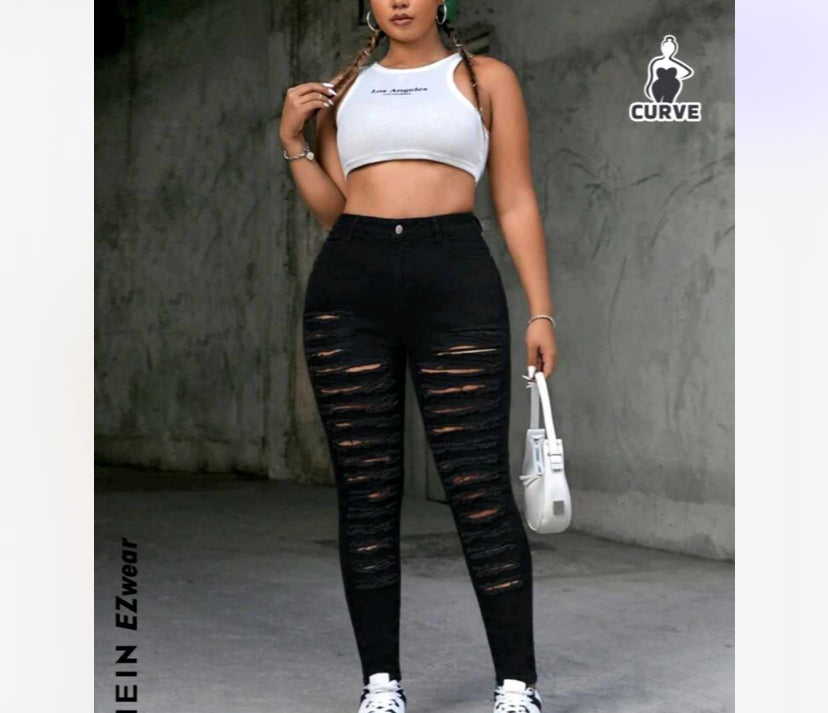 SHEIN EZwear Sexy Black Plus Size Women's Distressed Stretchy Skinny Jeans