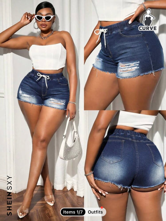 Plus Size Elastic Waist Denim Shorts (v)