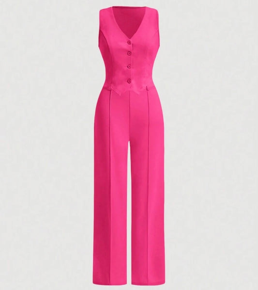 SHEIN MOD Black Date Night Front Buckle V-Shaped Hem Solid Button Front Vest Jacket & Seam Front Pants Two Pieces Set