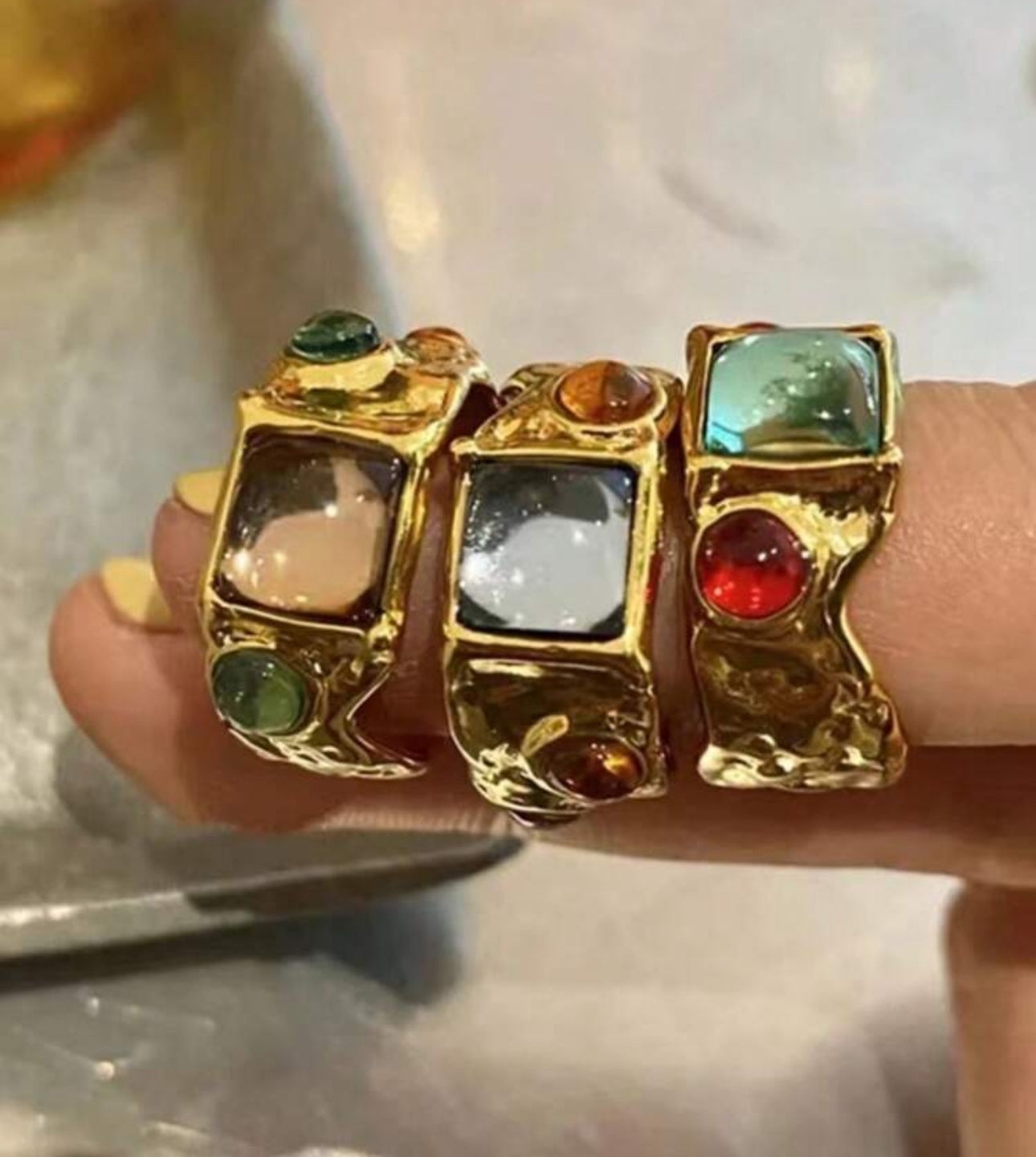 GARMEND 1set 3pcs Luxury Asymmetrical Vintage Rhinestone Inlaid Colorful Rings Suitable For Women Daily Wear