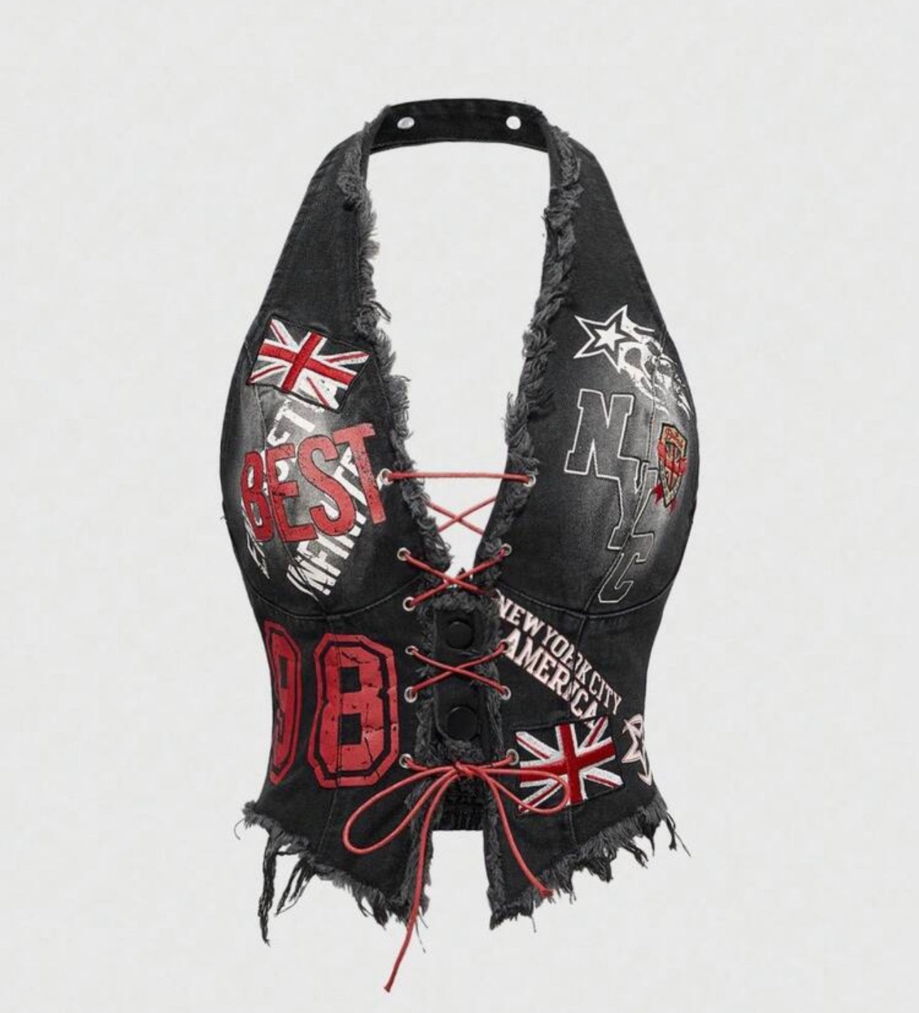 ROMWE Avant Spring/Summer Women's Retro Motorcycle Style Back To School Collegiate Numeric & English Text British Flag Print Sleeveless Denim Crop Top