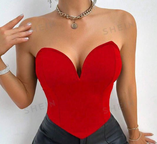 SHEIN Allurite Ladies Fashionable Solid Color Slim Fit V-Neck Camisole Top,Ladies Casual Asymmetrical,Grommet Eyelet,Lace Up Strapless Slim Fit Red Plain Women Tops,Spring/Summer,Party/Nightclub Outfits For New Year Clothes