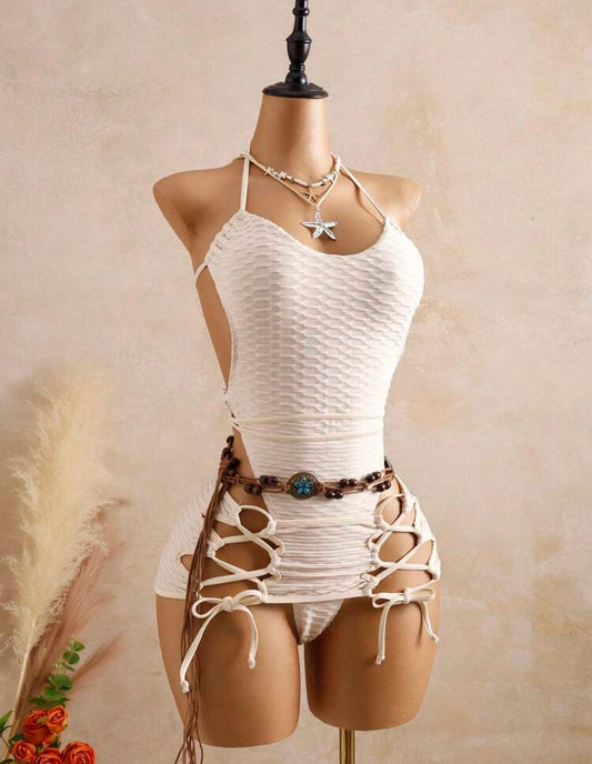 Bellisia 26SS Summer Vacation Sexy Party Textured Fabric High Cut One-Piece With Double-Sided Tie Skirt,New Women's Swimwear ArrivalFor School,Suitable For Holiday, Date, Afternoon Tea, Western, Cruise, Beach, Island, Road Trip, All Seasons, Music Festiva