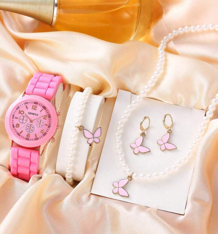 5pcs Fashion Silicone Butterfly Quartz Girls Watch And Necklace Bracelet Earrings Butterfly Jewelry Set Gift For Girls