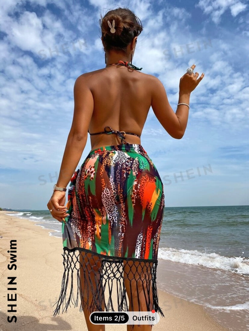Swim Allover Print Halter Triangle Bikini Set With Beach Skirt