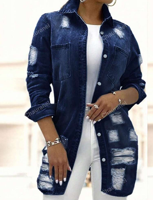 Women Casual Mid-Length Distressed Washed Denim Jacket