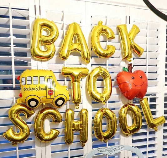 14pcs Welcome Back To School Aluminum Foil Balloon Set, Includes 16-Inch Gold "Back To School" Balloon Banner, School Bus And Red Apple Balloons, Suitable For Back To School Season, First Day Of School Classroom Decoration, Welcoming Teachers And Students
